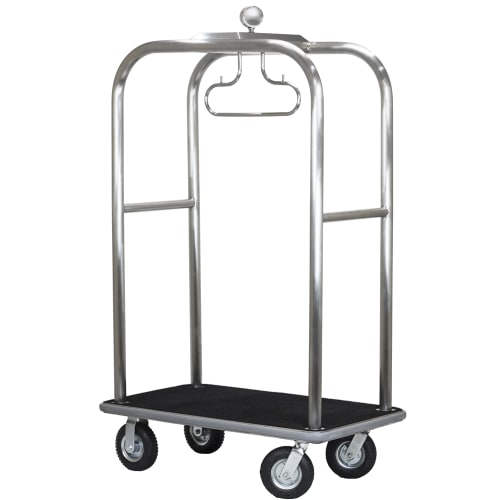 Boardwalk Series Bellman Cart, Brushed Stainless Steel, Grey Carpet, Grey Bumper